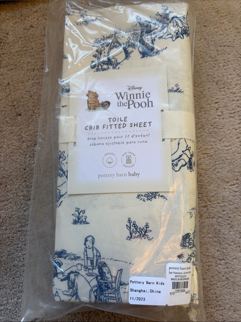 Un-opened Pottery Barn Winnie the Pooh Toile Crib Fitted Sheet - Blue on Cream